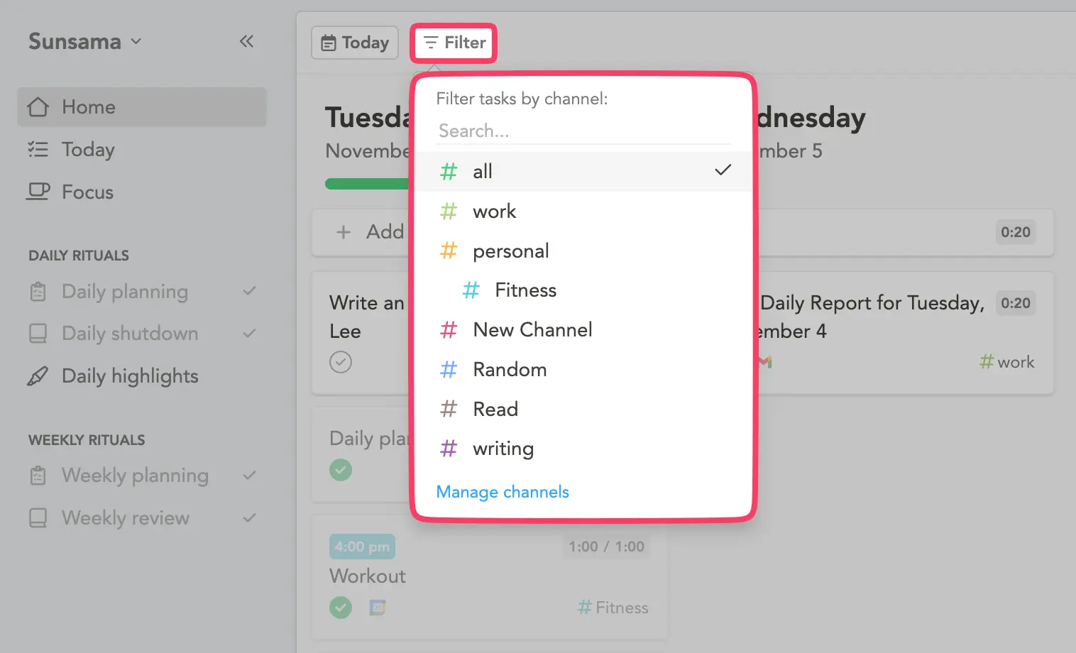 Filtering tasks by channels in Sunsama