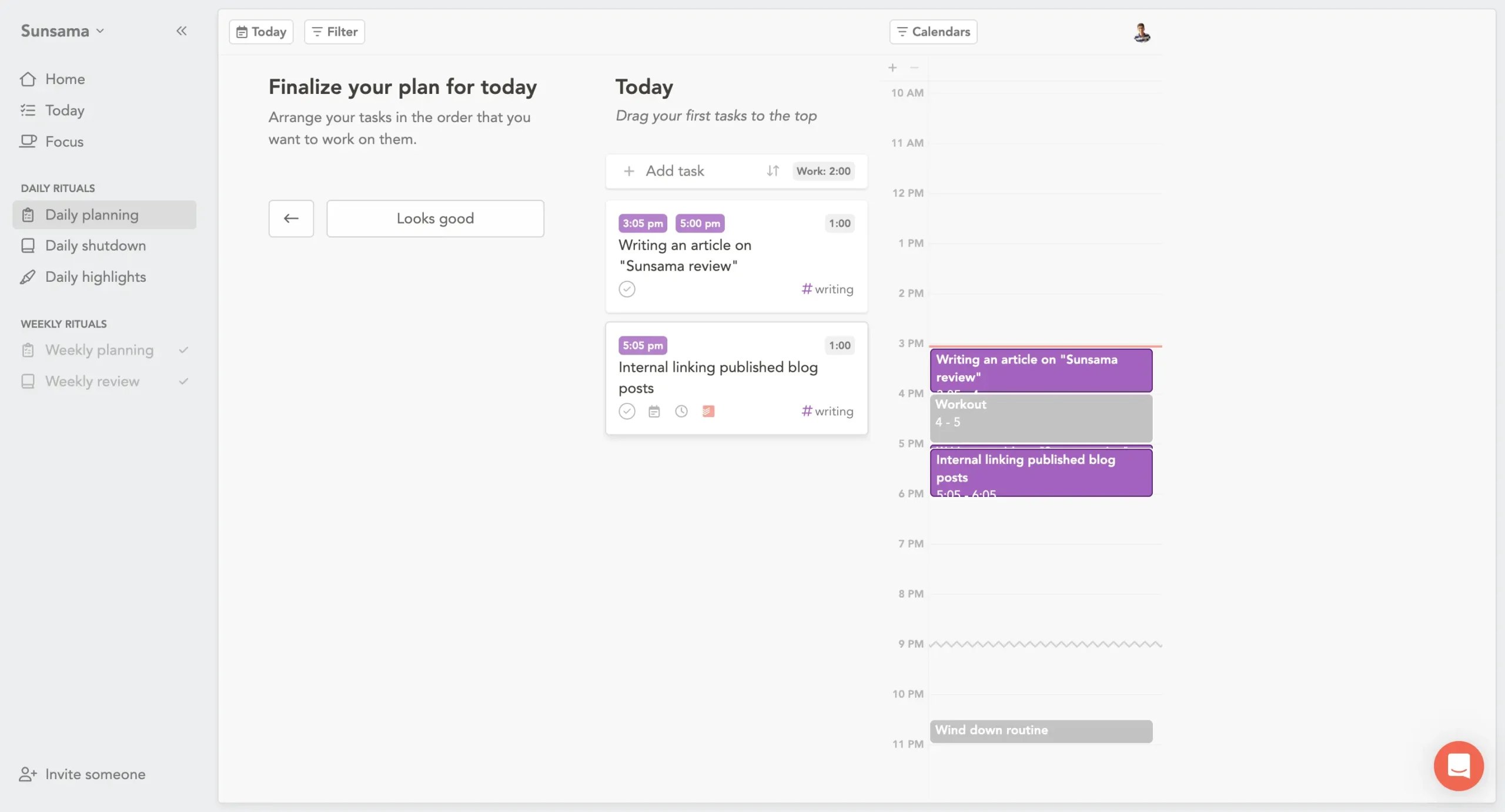 Finalising the daily planning in Sunsama