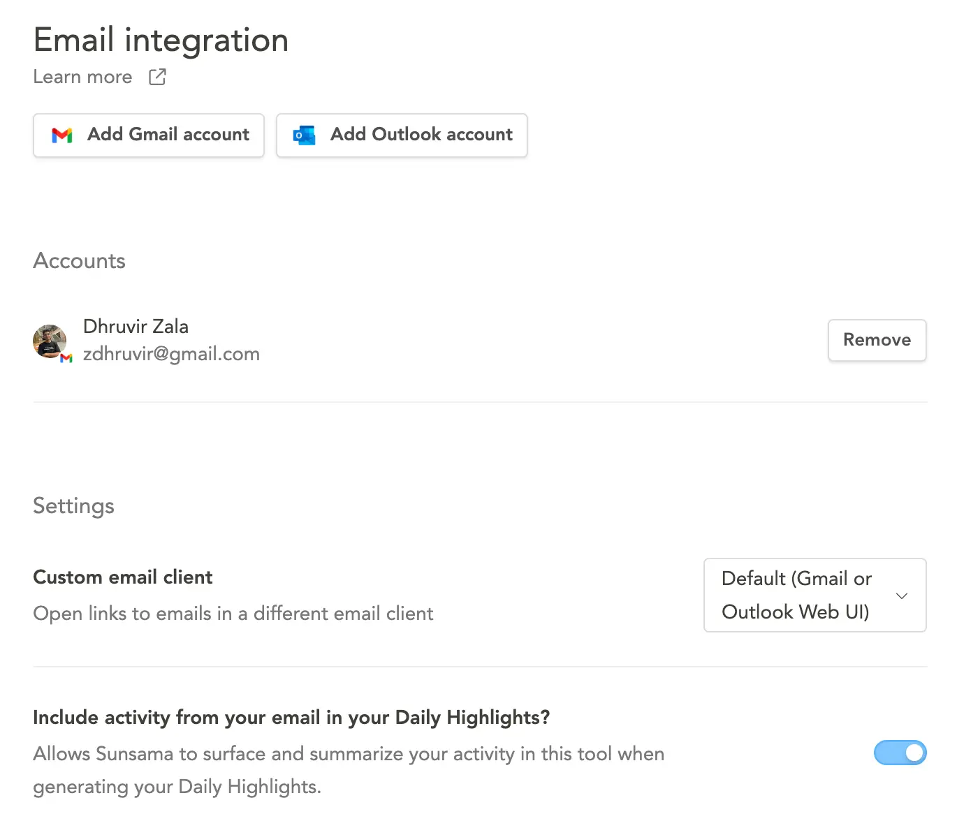Gmail integration in Sunsama