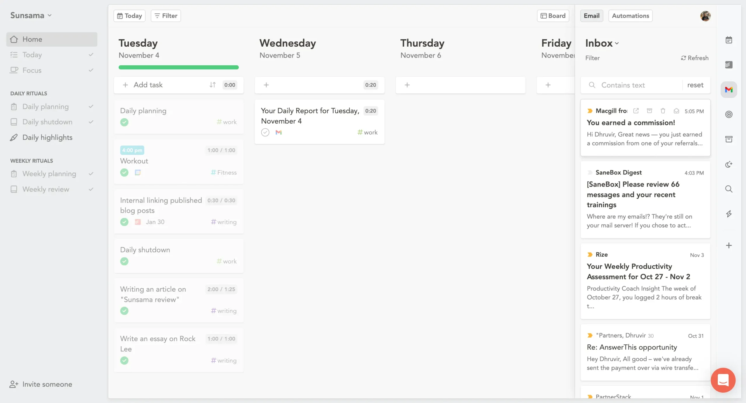 My Gmail integration inside Sunsama