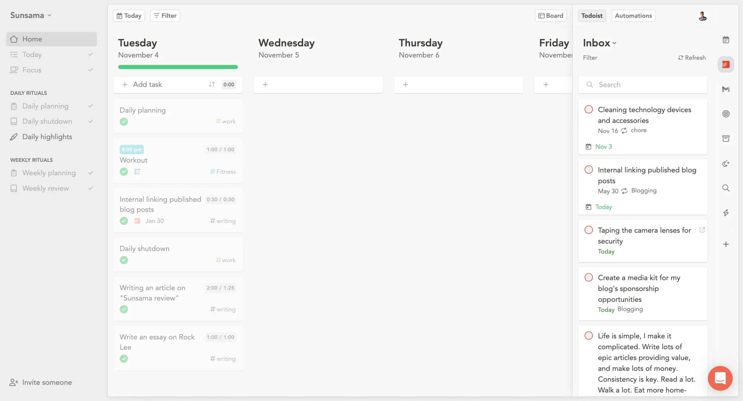 My Todoist integration in Sunsama