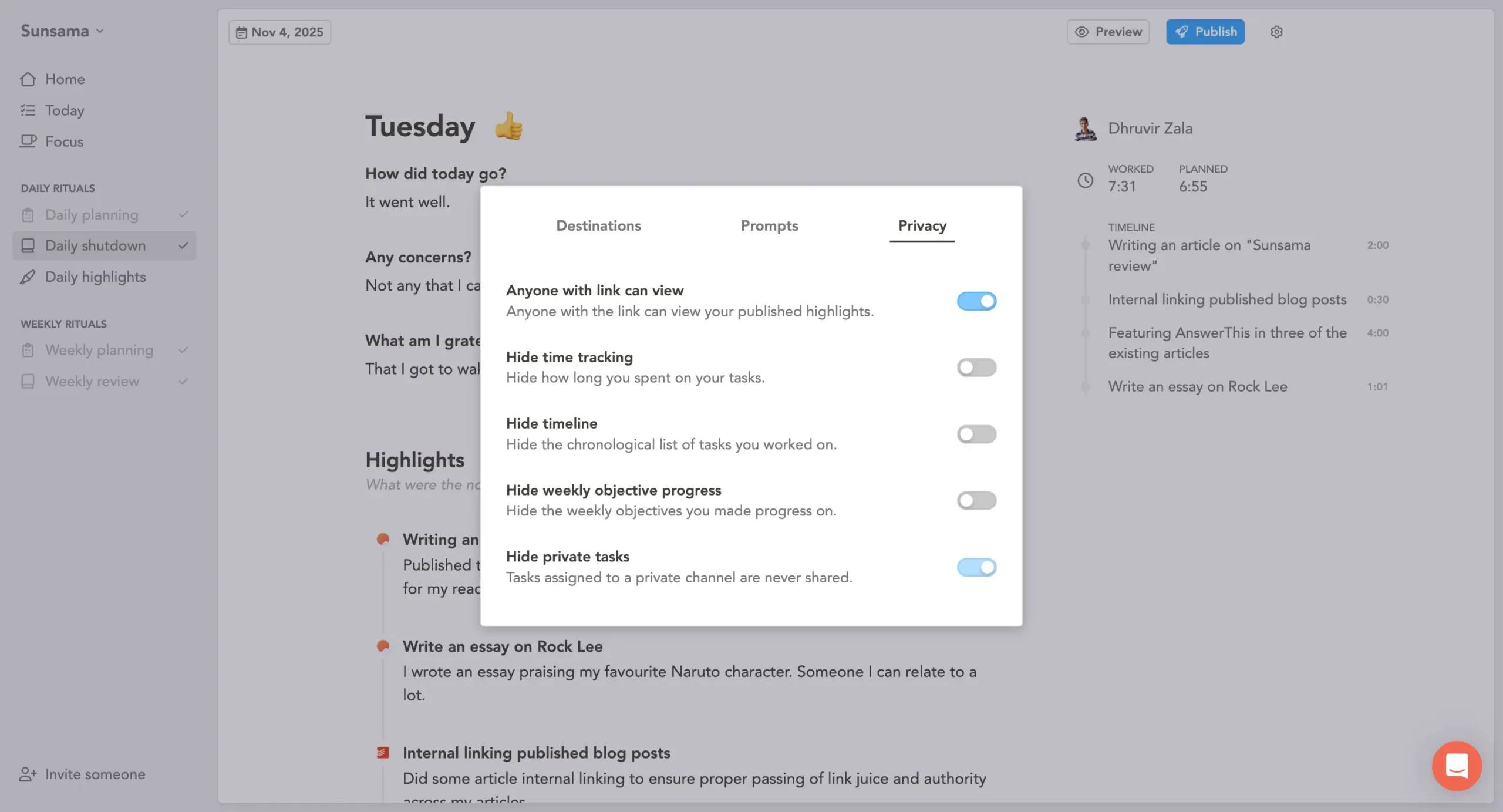 Privacy settings in daily highlights in Sunsama