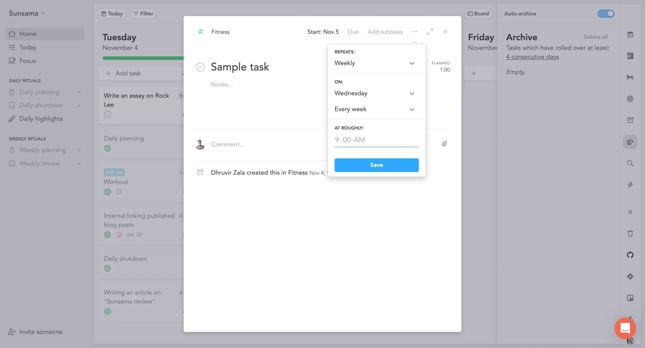 Recurring tasks in Sunsama