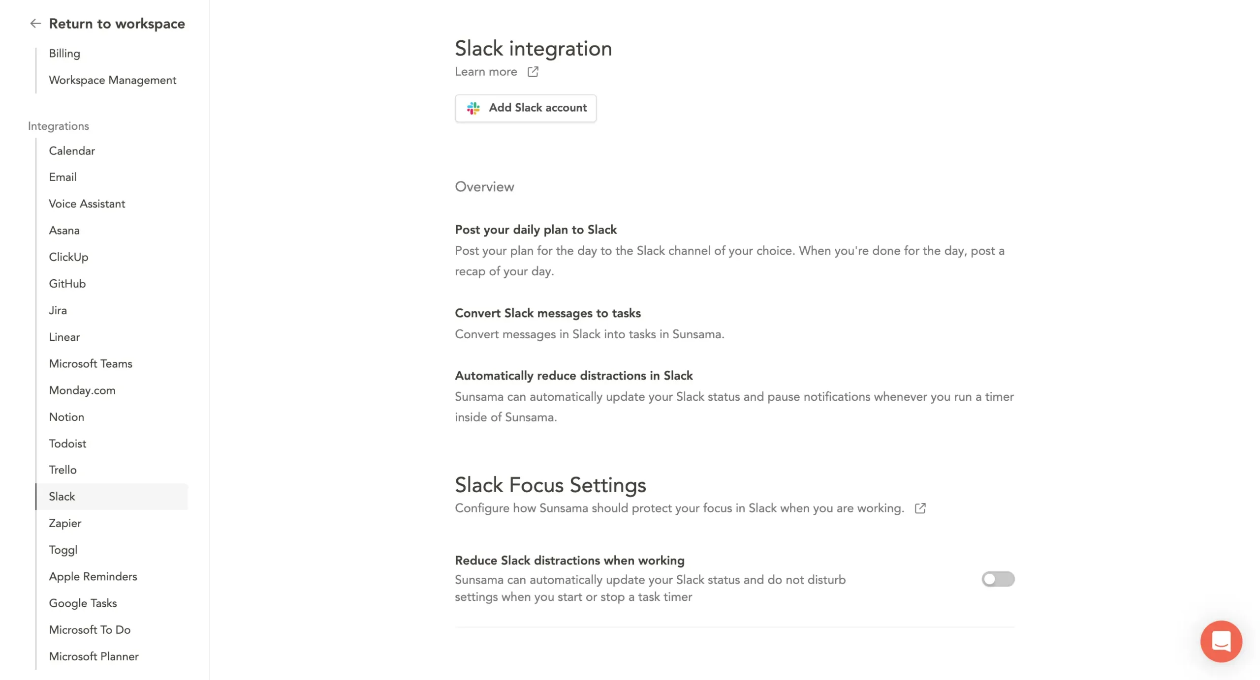 Slack integration in Sunsama