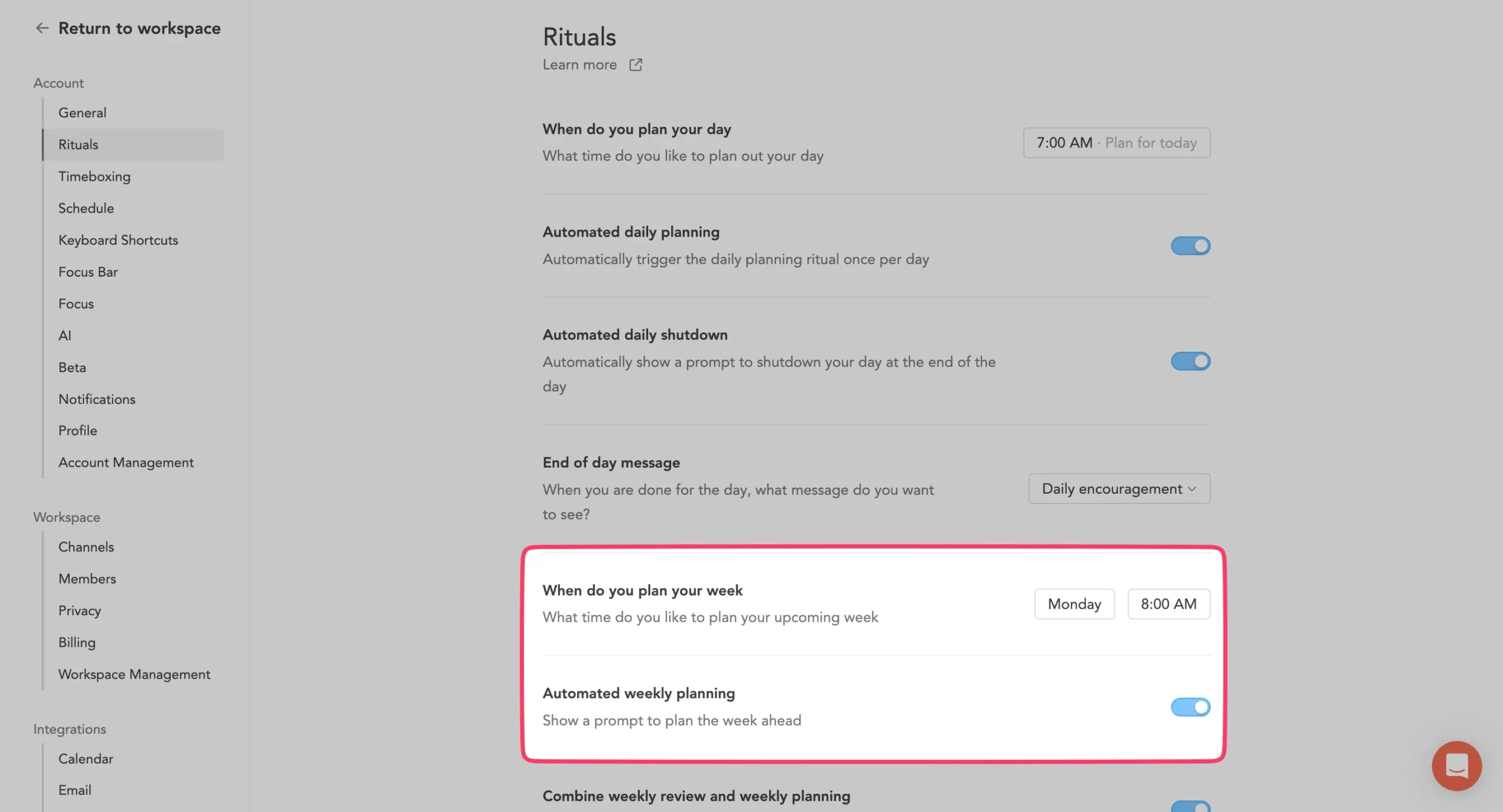Sunsama settings for automated weekly planning and review nudge