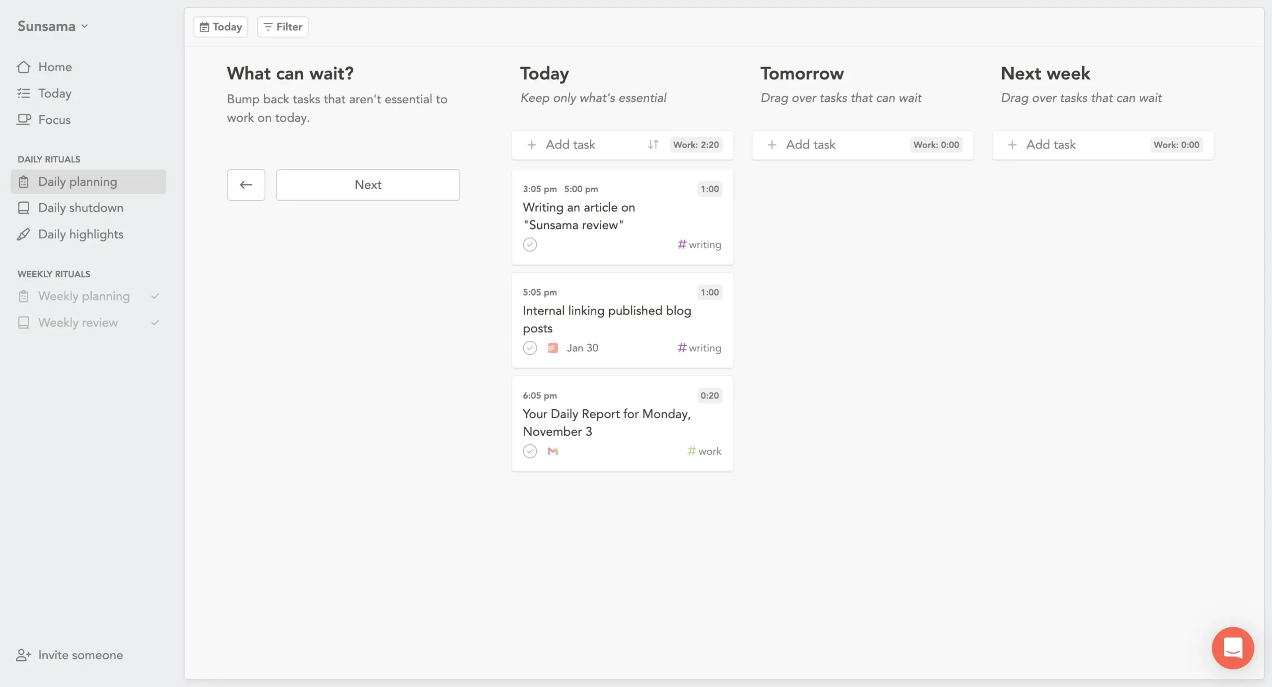 The tasks that can wait in Sunsama daily planning