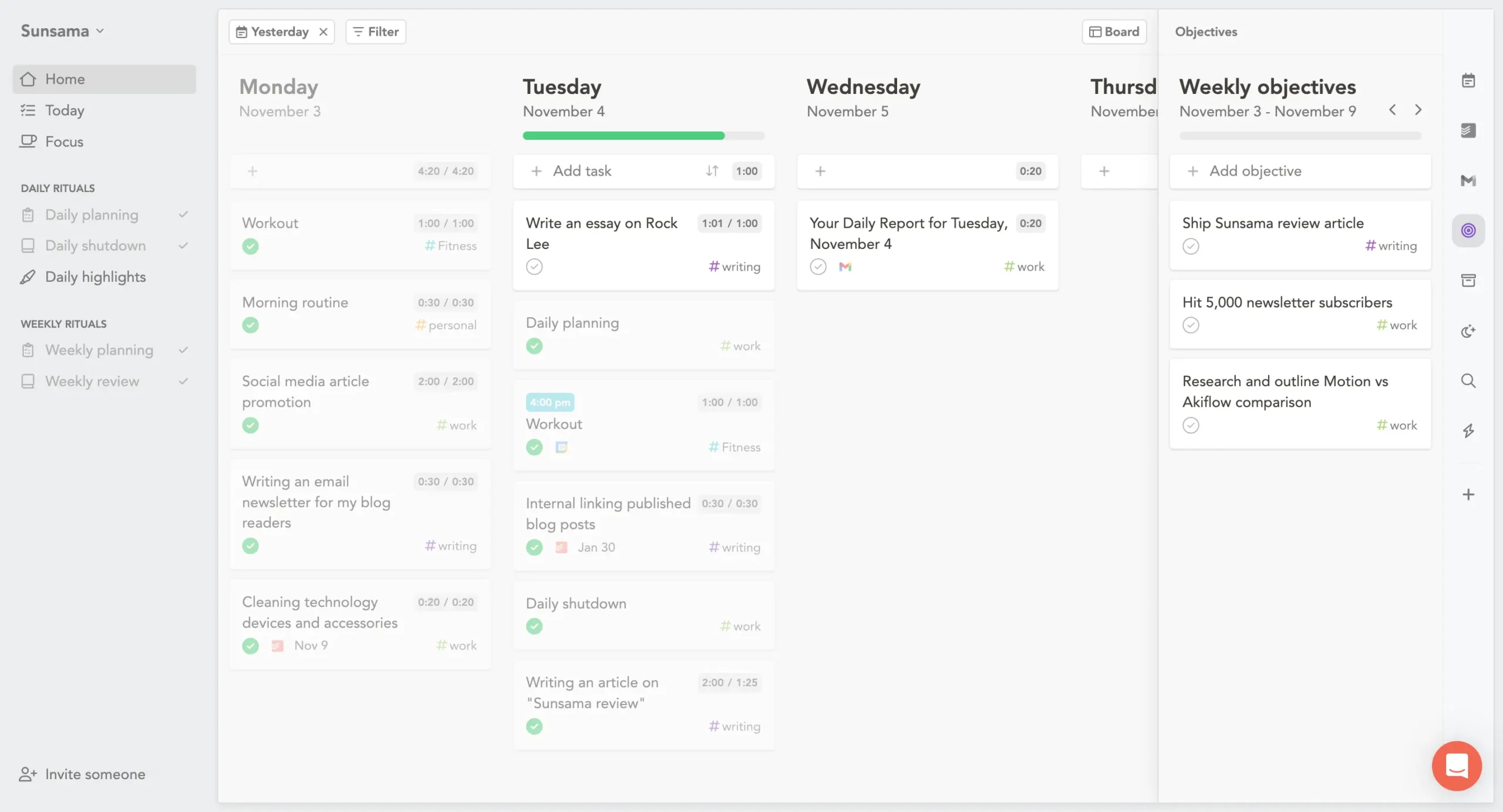 Weekly objectives in Sunsama