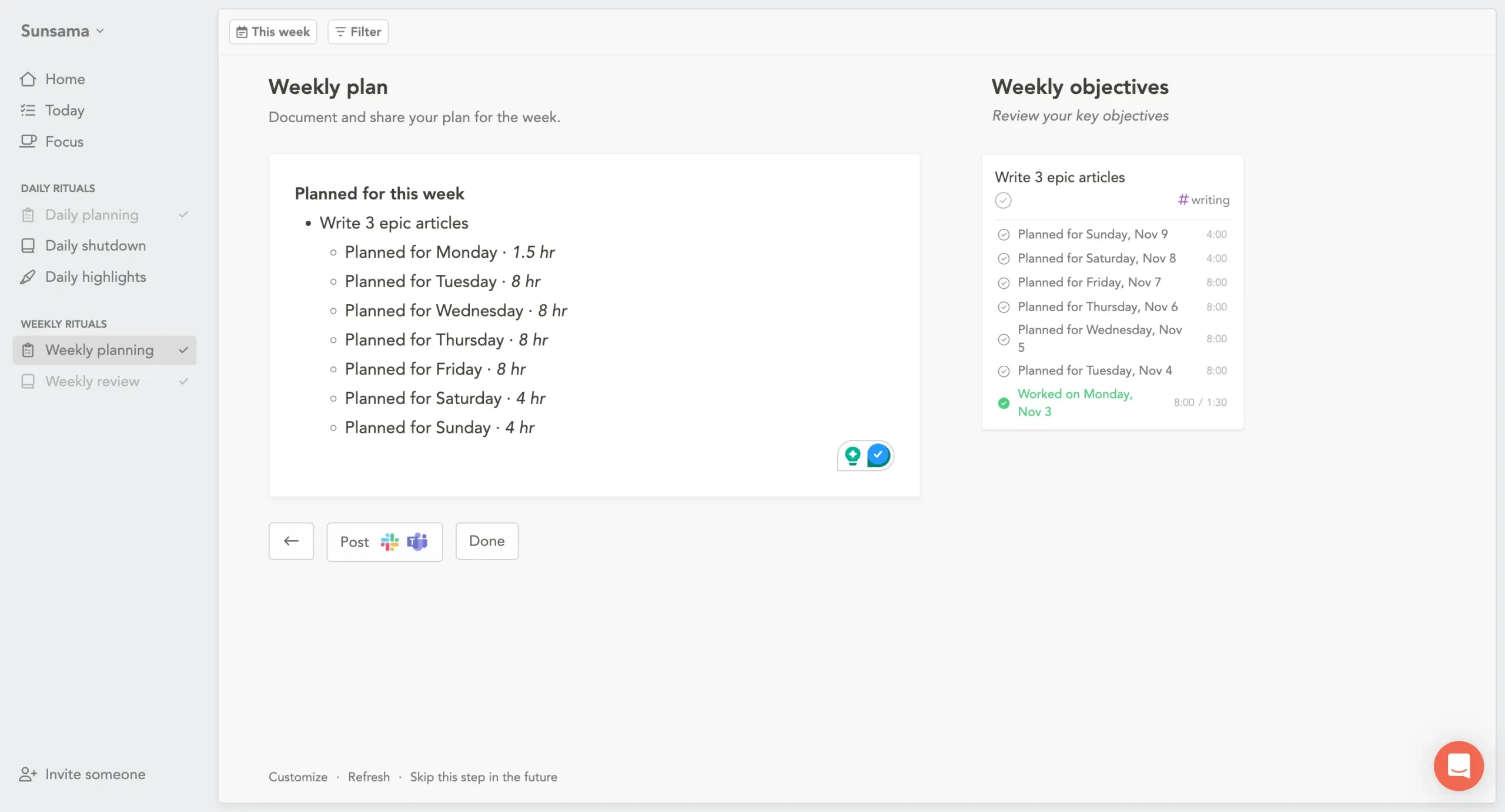 Weekly plan journaling in Sunsama