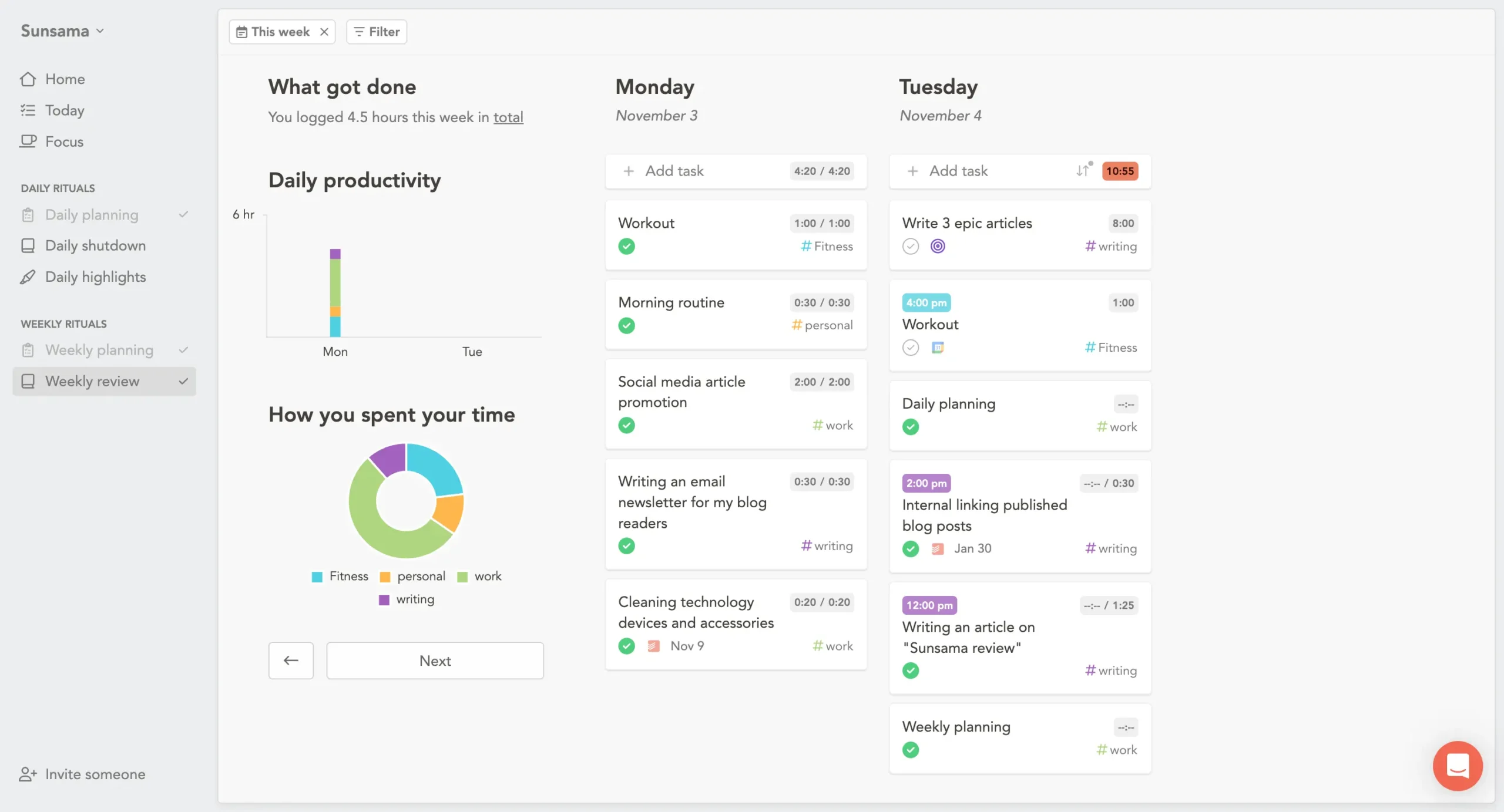 Weekly review in Sunsama