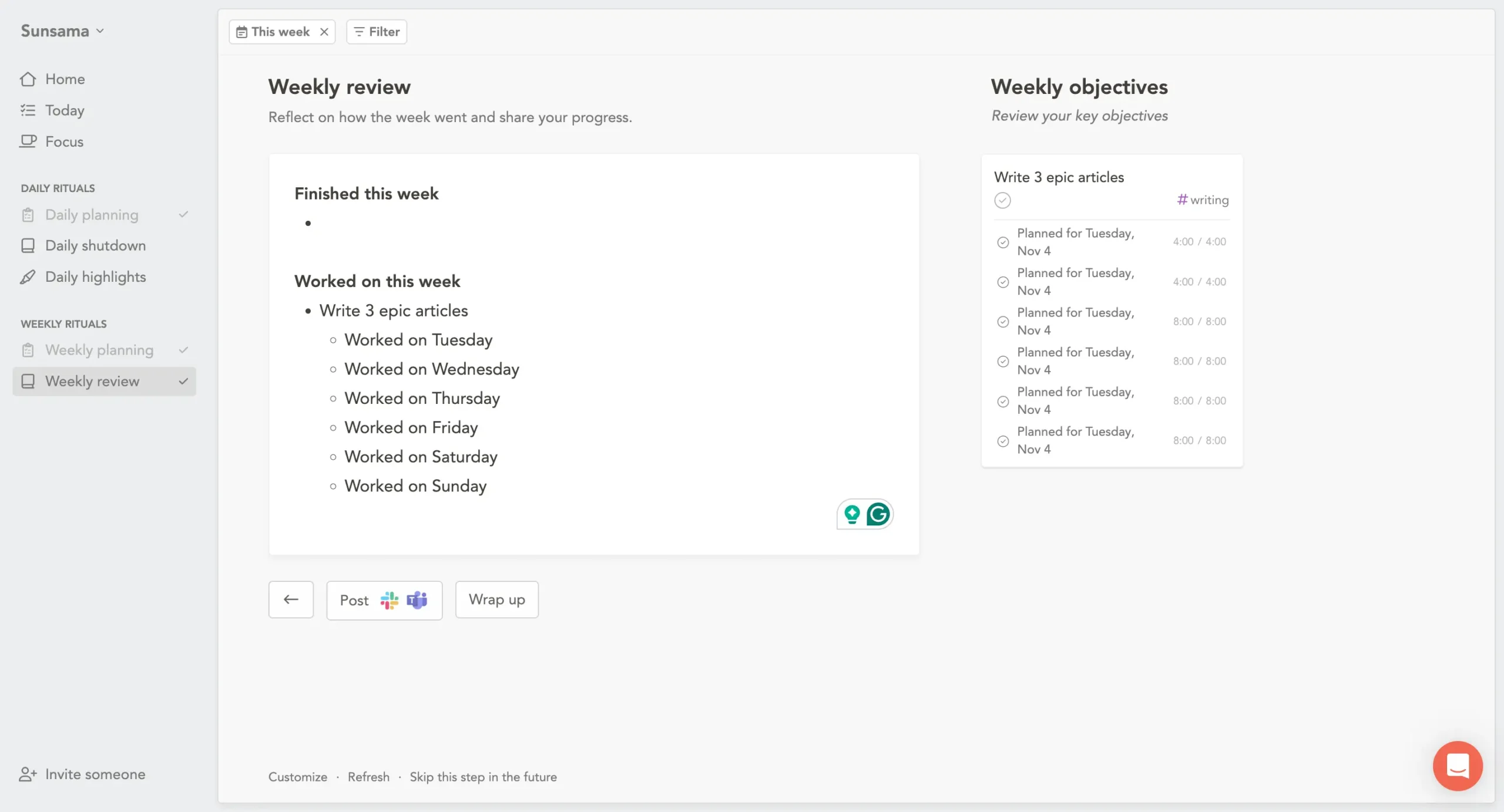 Weekly review journaling in Sunsama