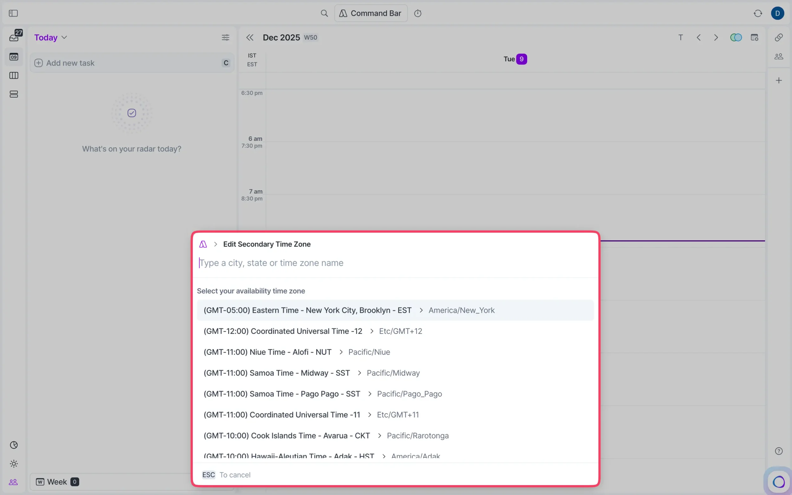 Adding a secondary time zone in Akiflow