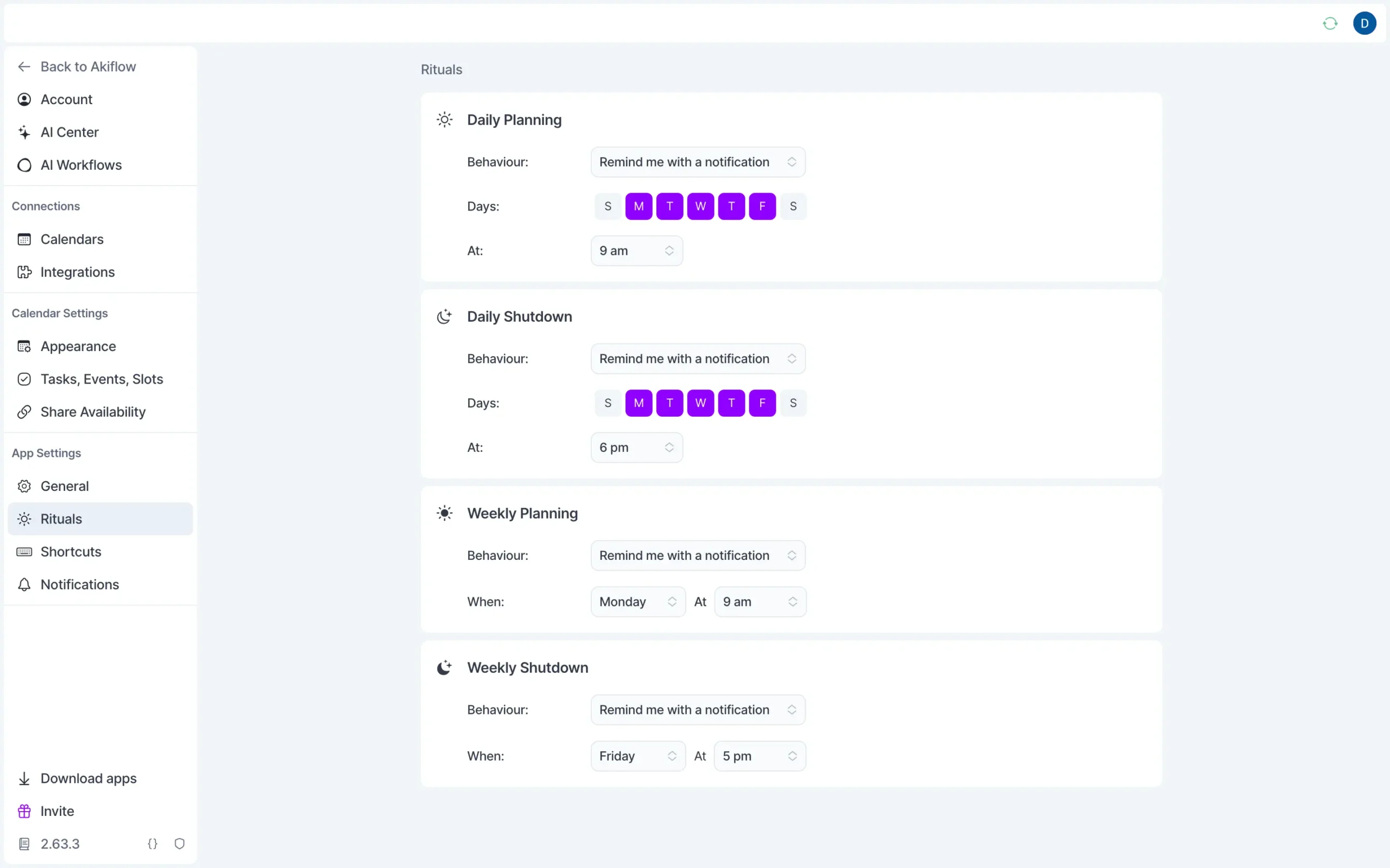 Akiflow Rituals setting