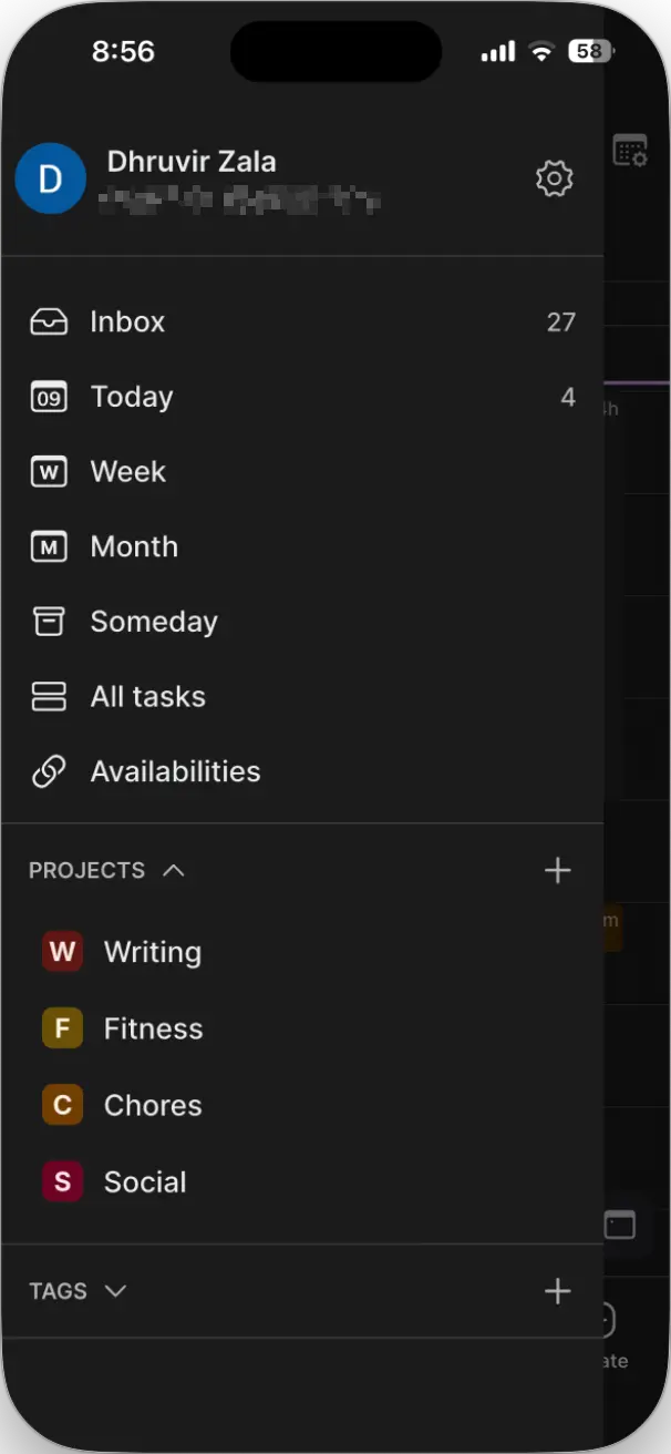 Akiflow mobile app sidebar options