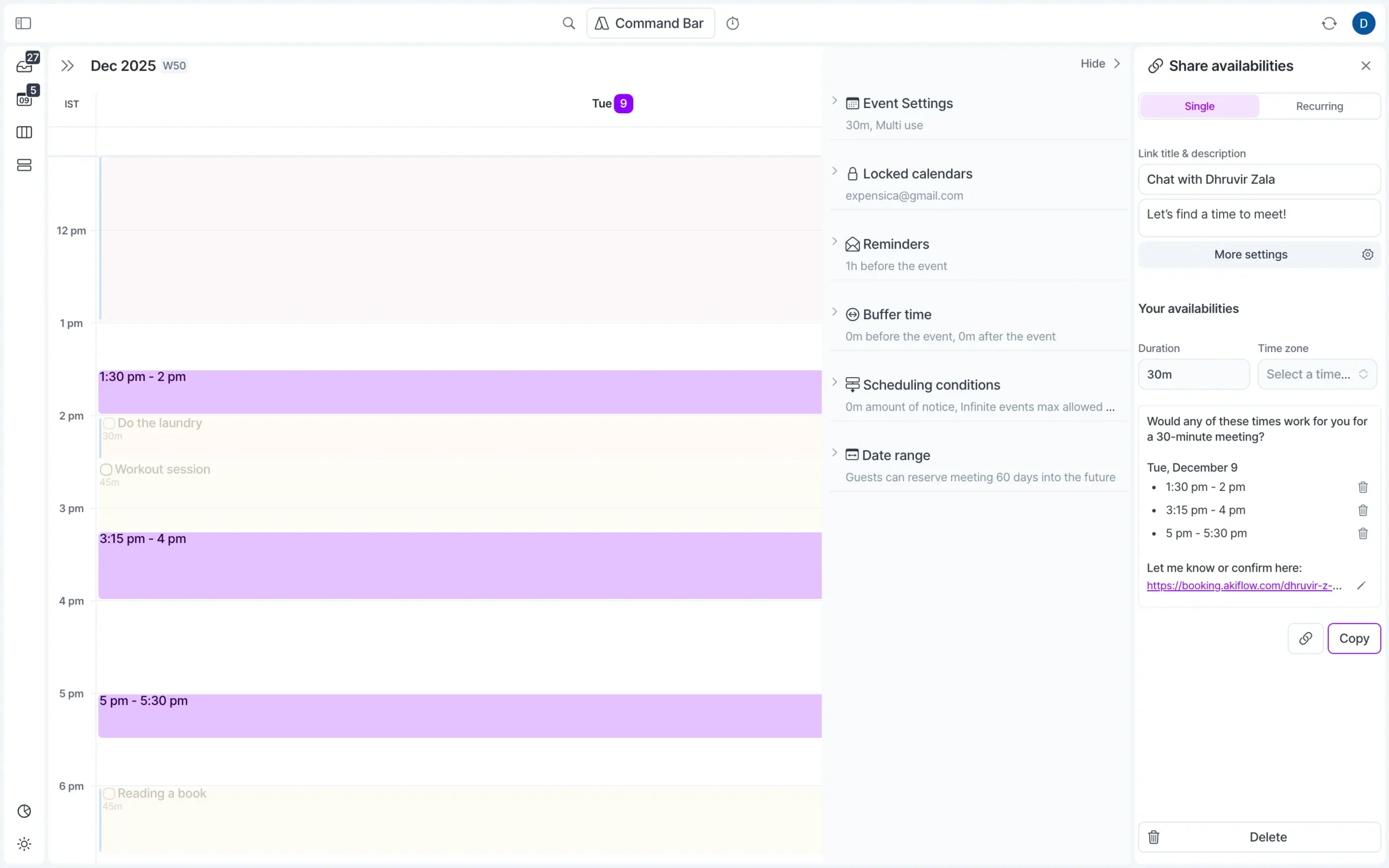 Akiflow's availability sharing settings
