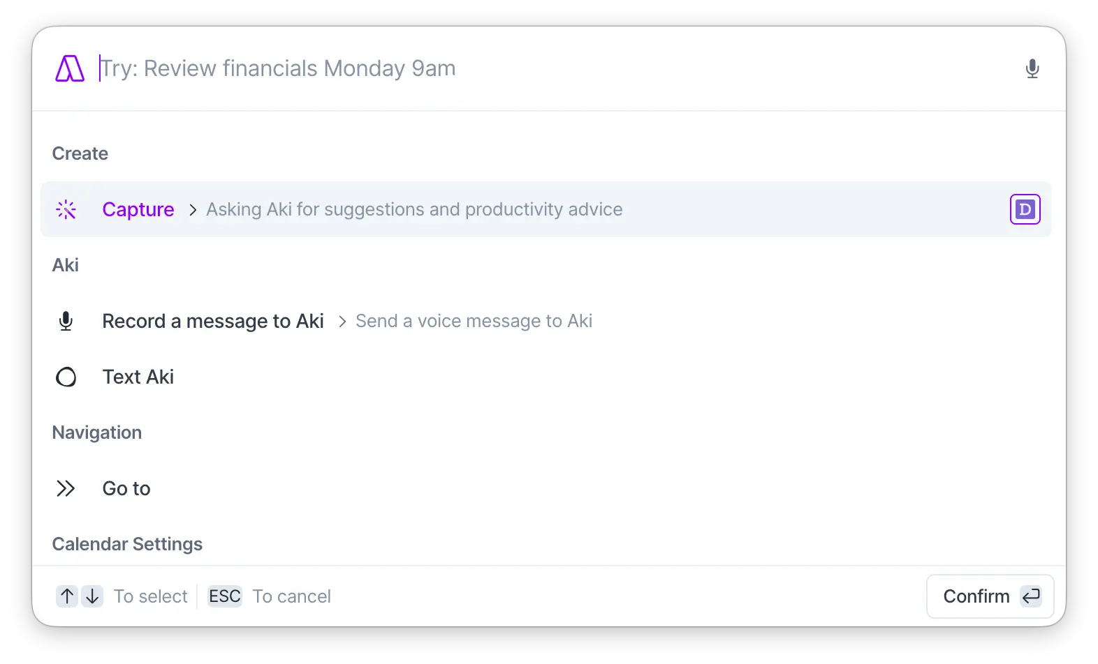 Akiflow's command bar