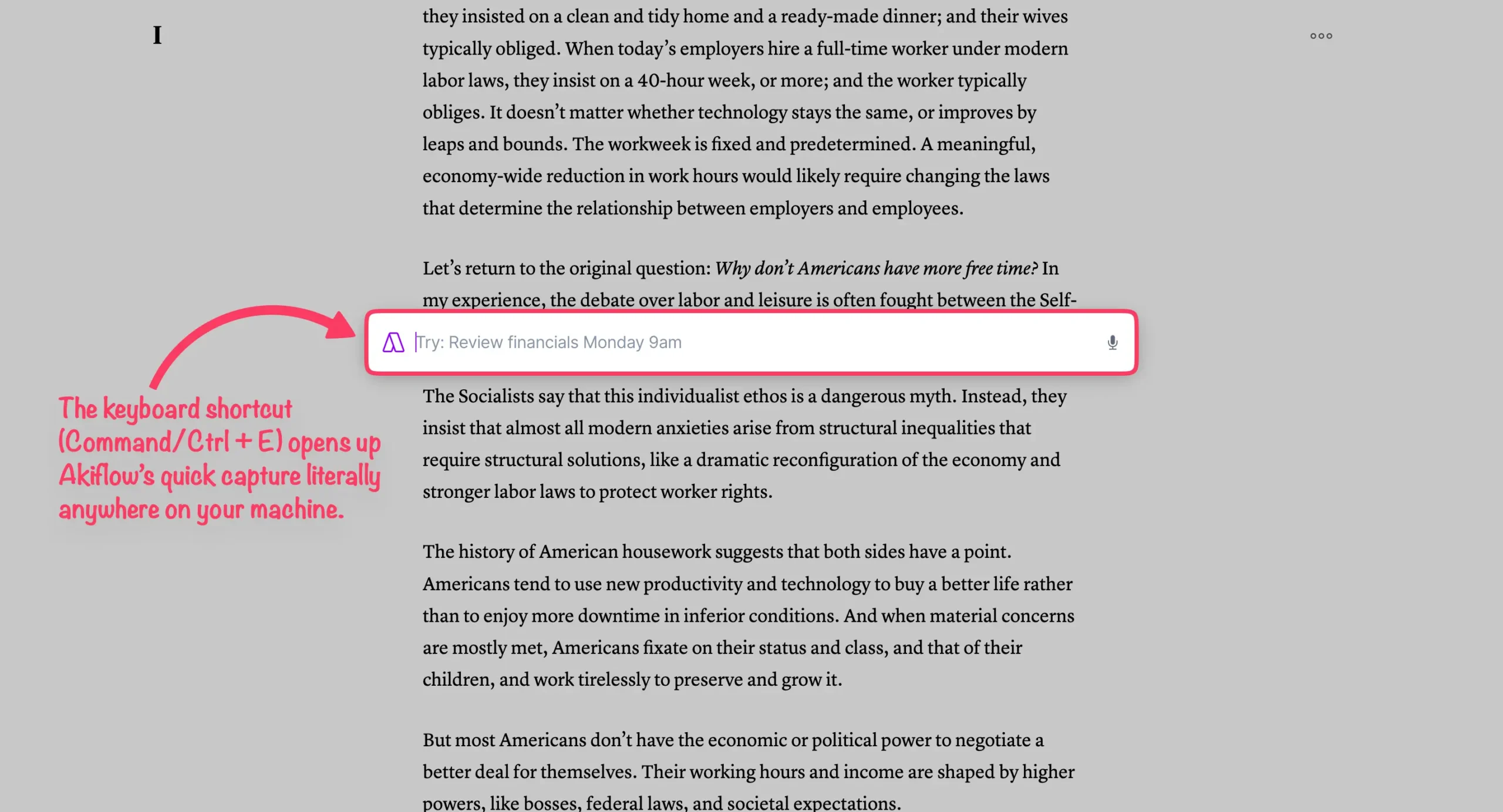 Akiflow's quick capture feature