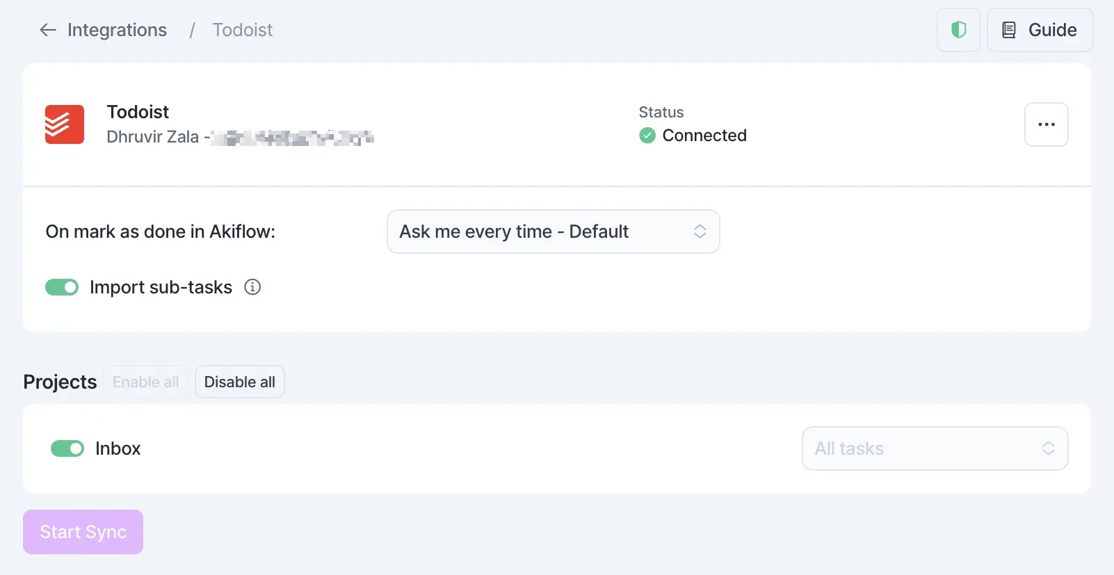 Connecting Todoist inside Akiflow