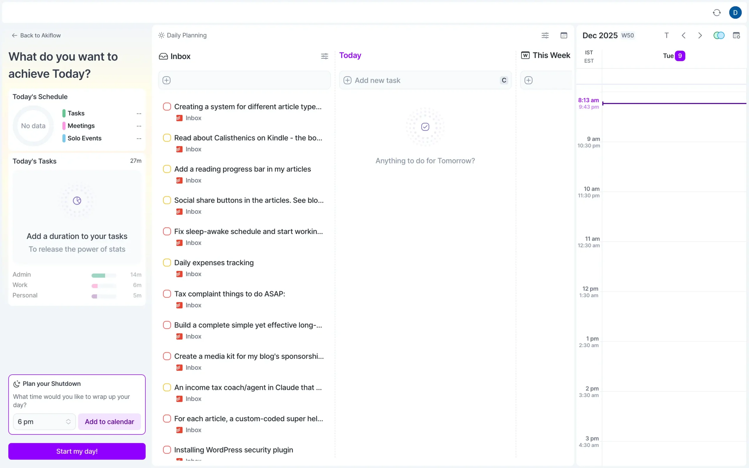 Daily Planning interface in Akiflow