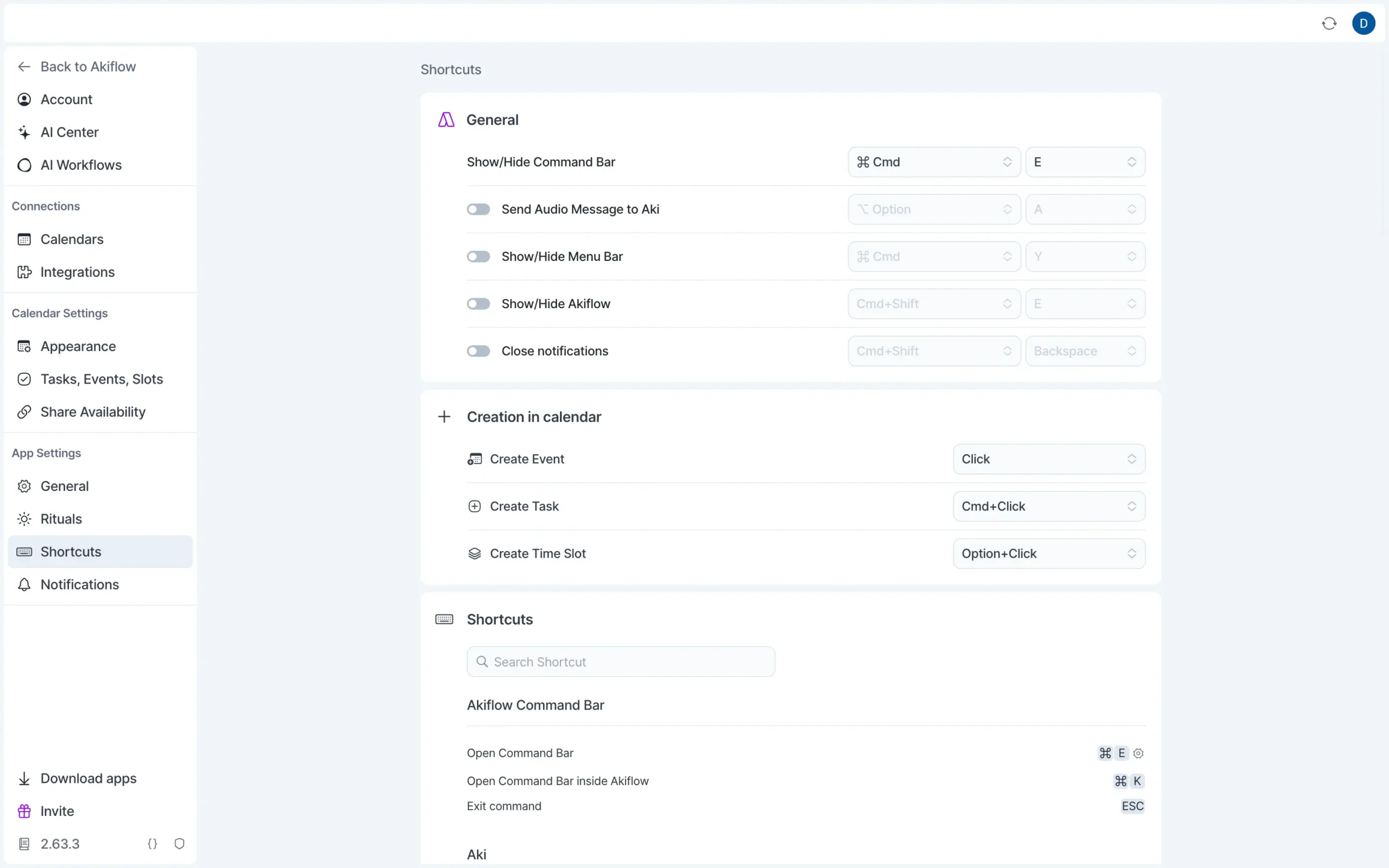 Keyboard Shortcuts in Akiflow