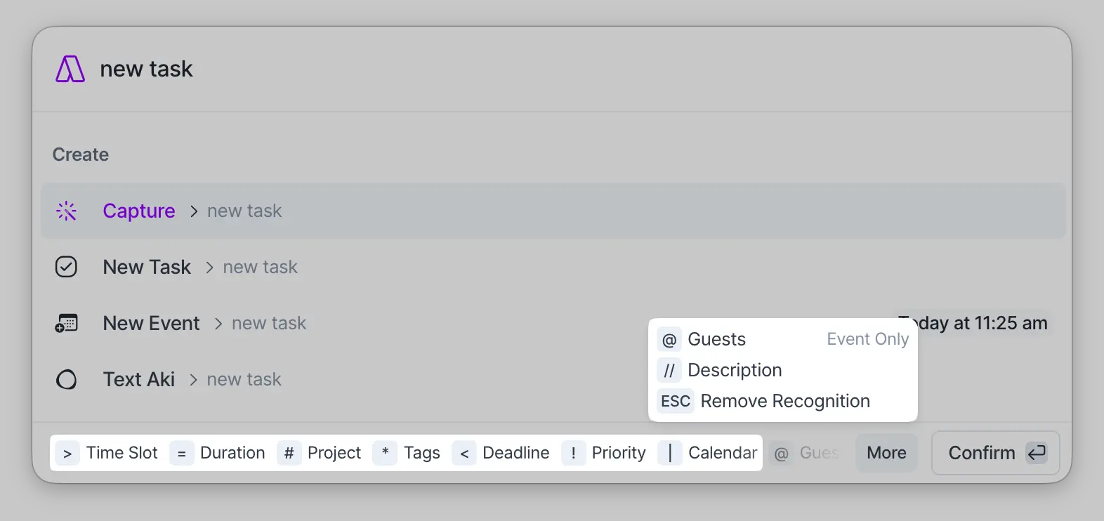 Special characters to create tasks quickly in Akiflow