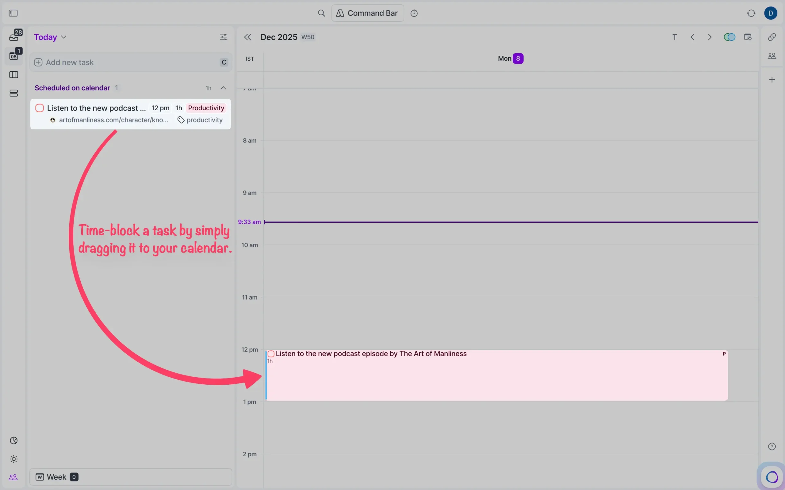 Time-blocking a task by simply dragging into your calendar in Akiflow