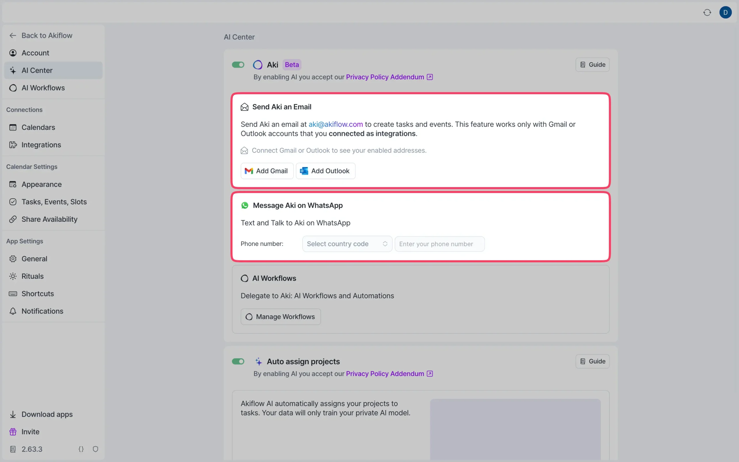 Using Aki on Email and WhatsApp