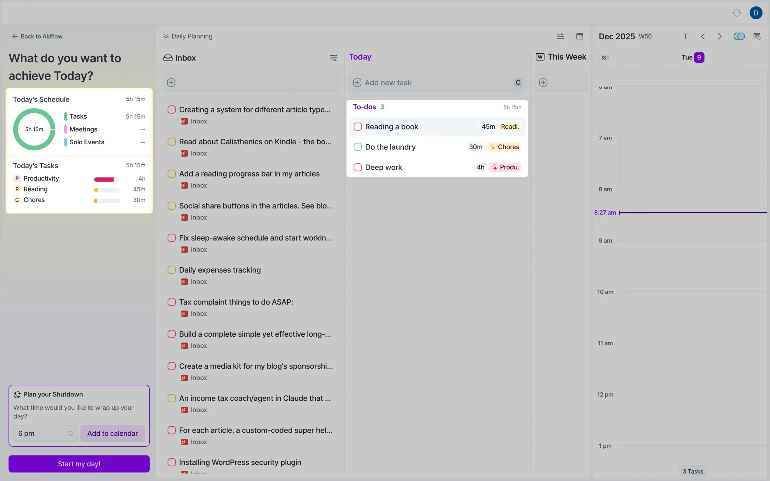 Visual data in Akiflow daily planning