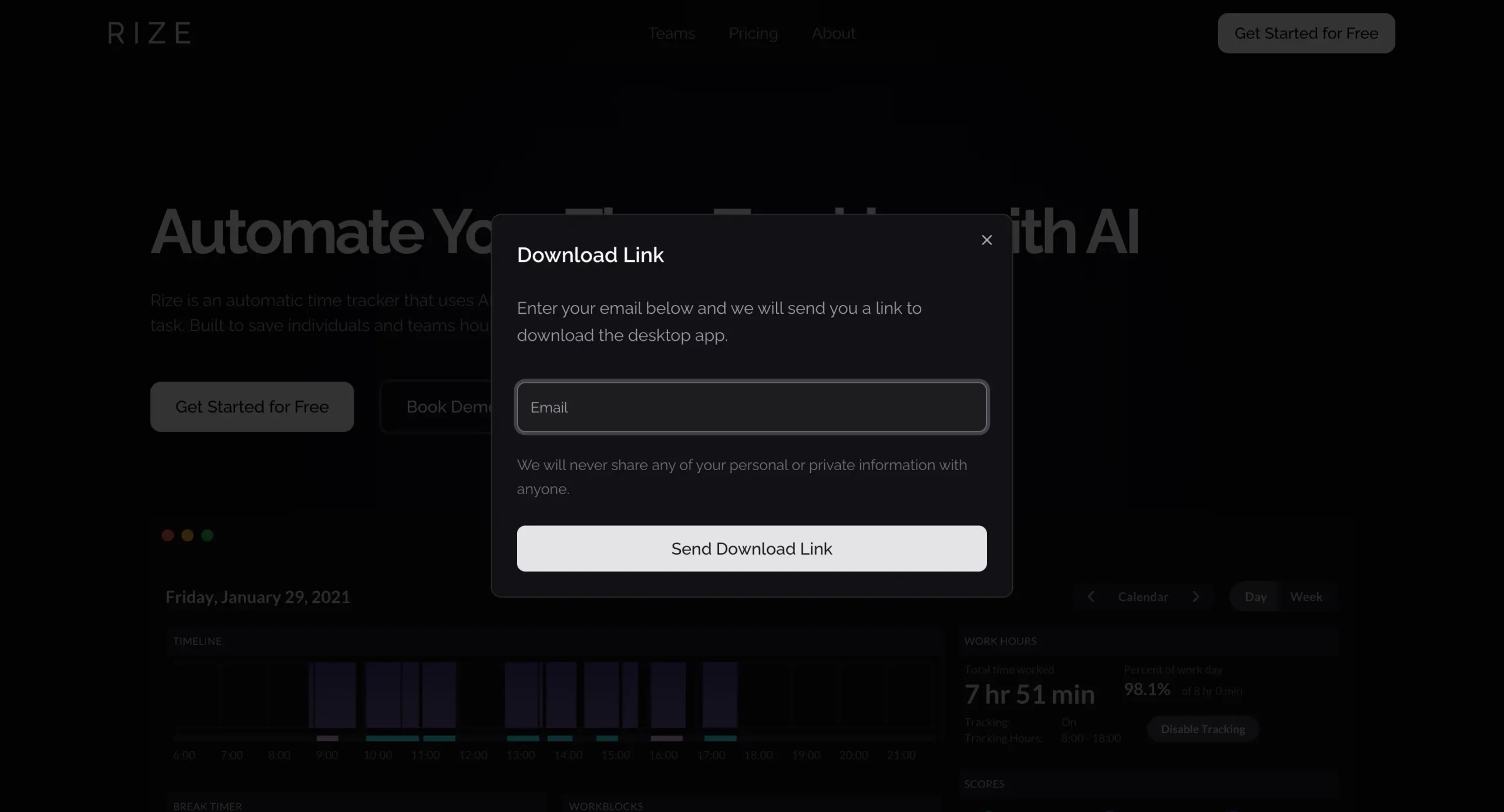 A popup to download Rize