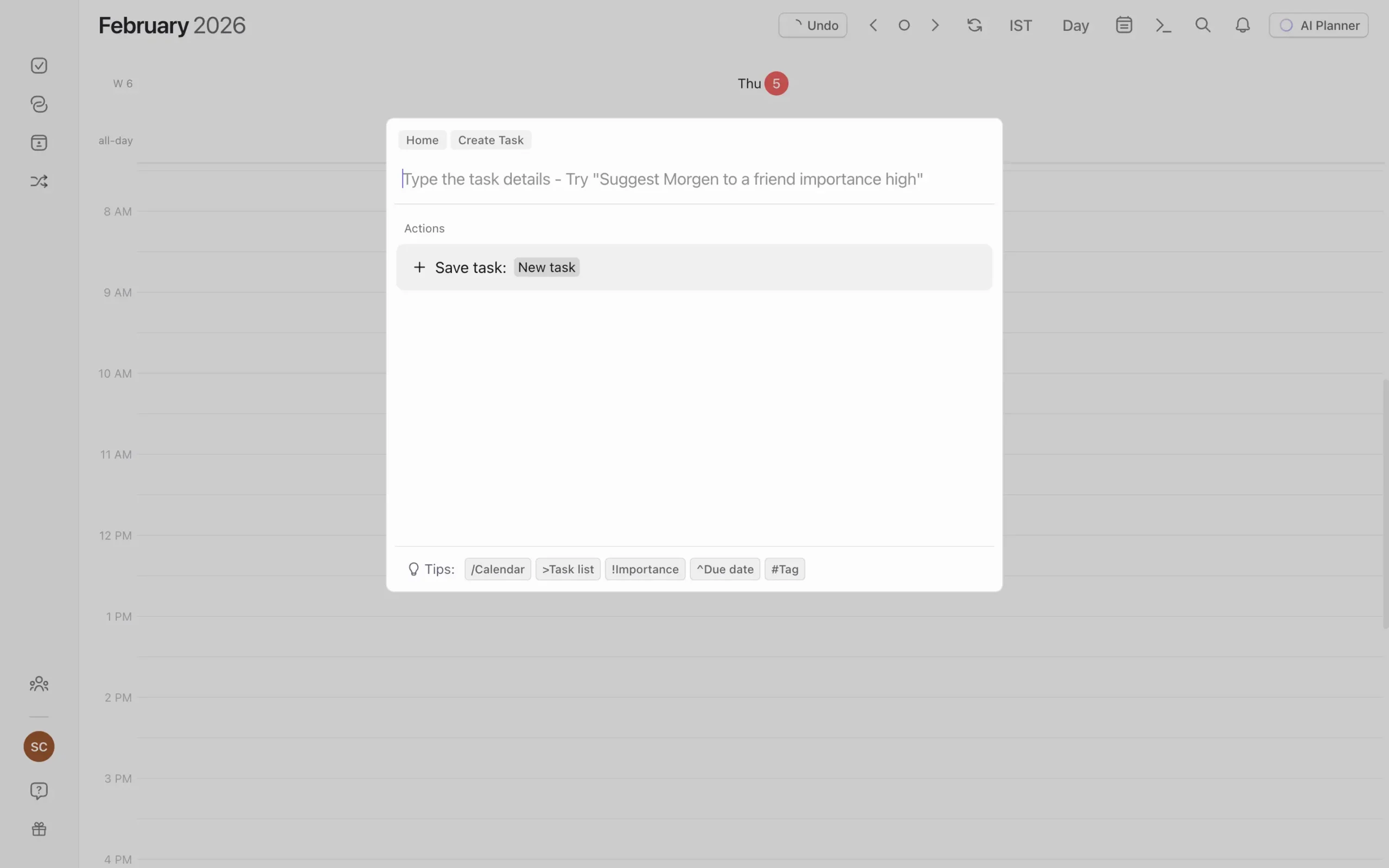 Creating a new task in Morgen using a command bar
