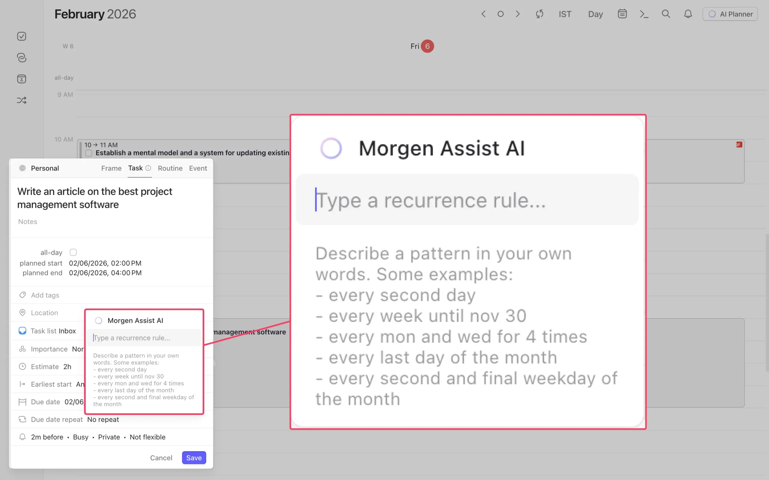 Custom task recurrance with Morgen Assist AI