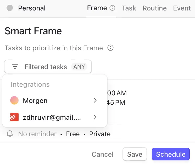 Filtered tasks in Morgen frame