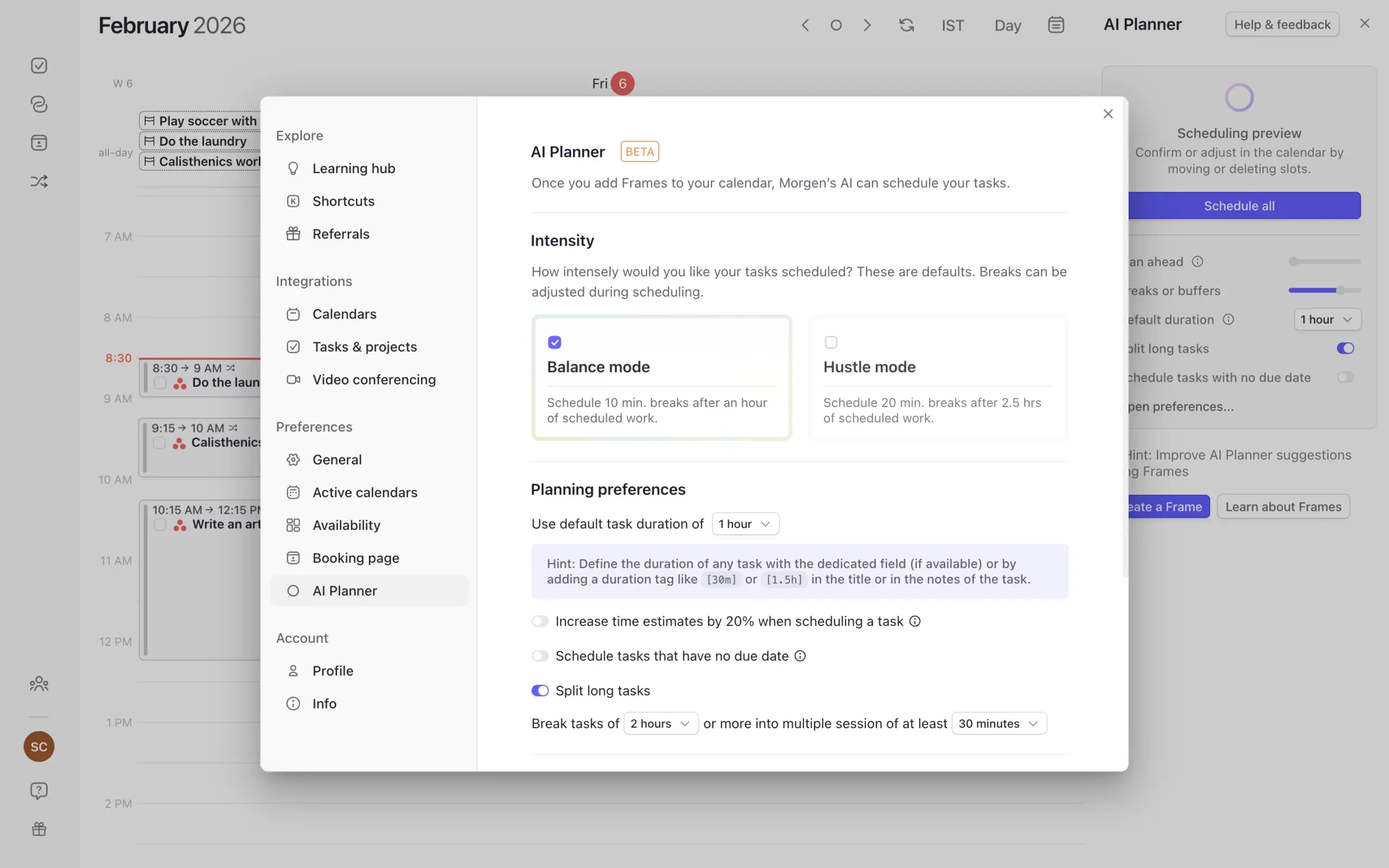 Morgen AI Planner settings