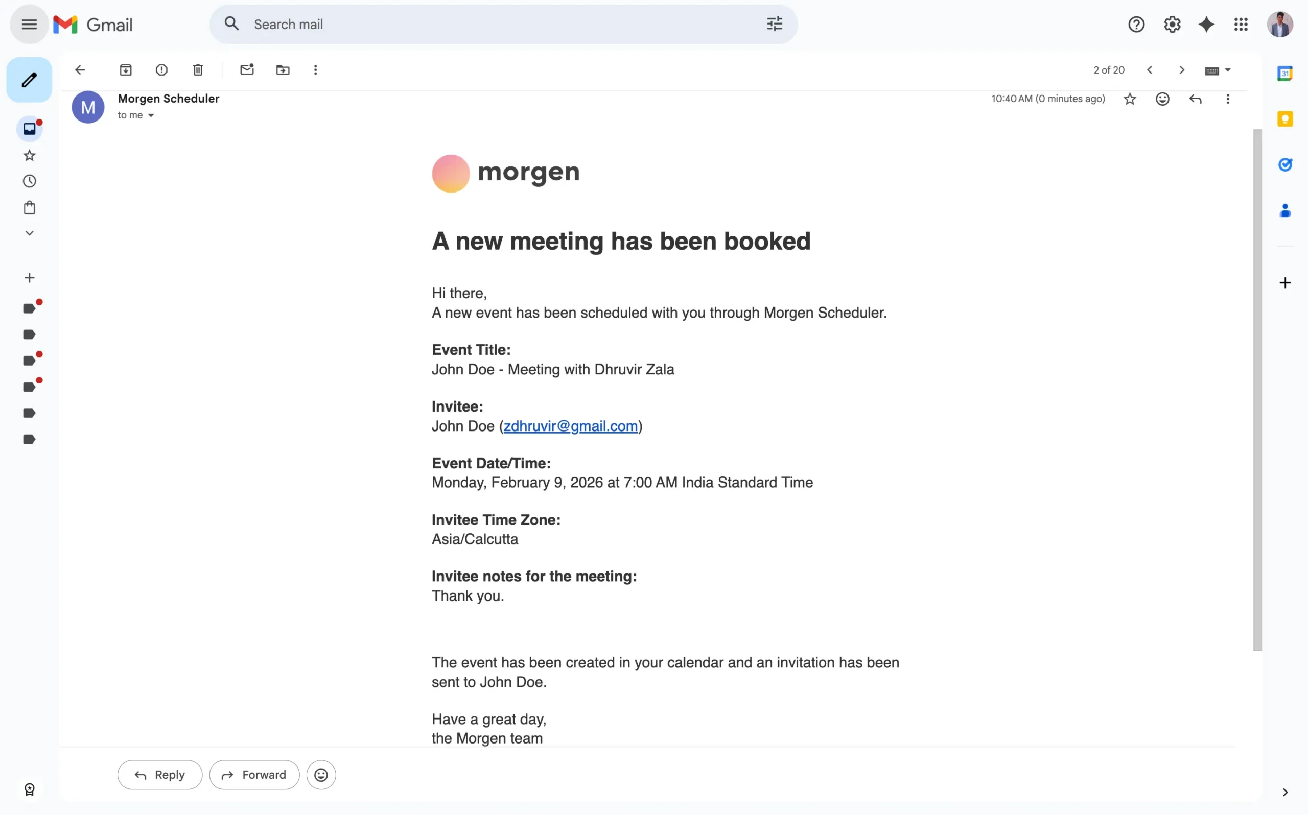 Morgen meeting booking confirmation email