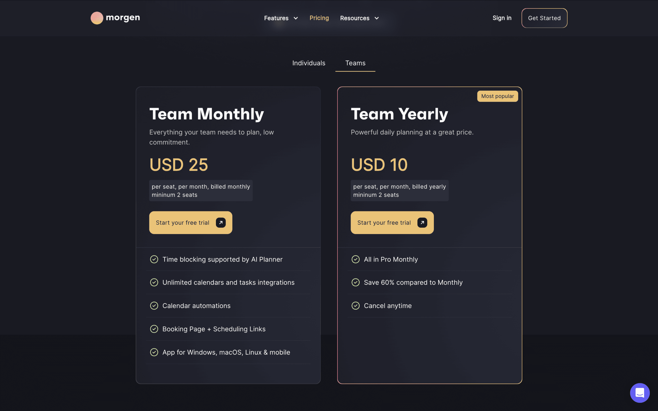 Morgen team pricing