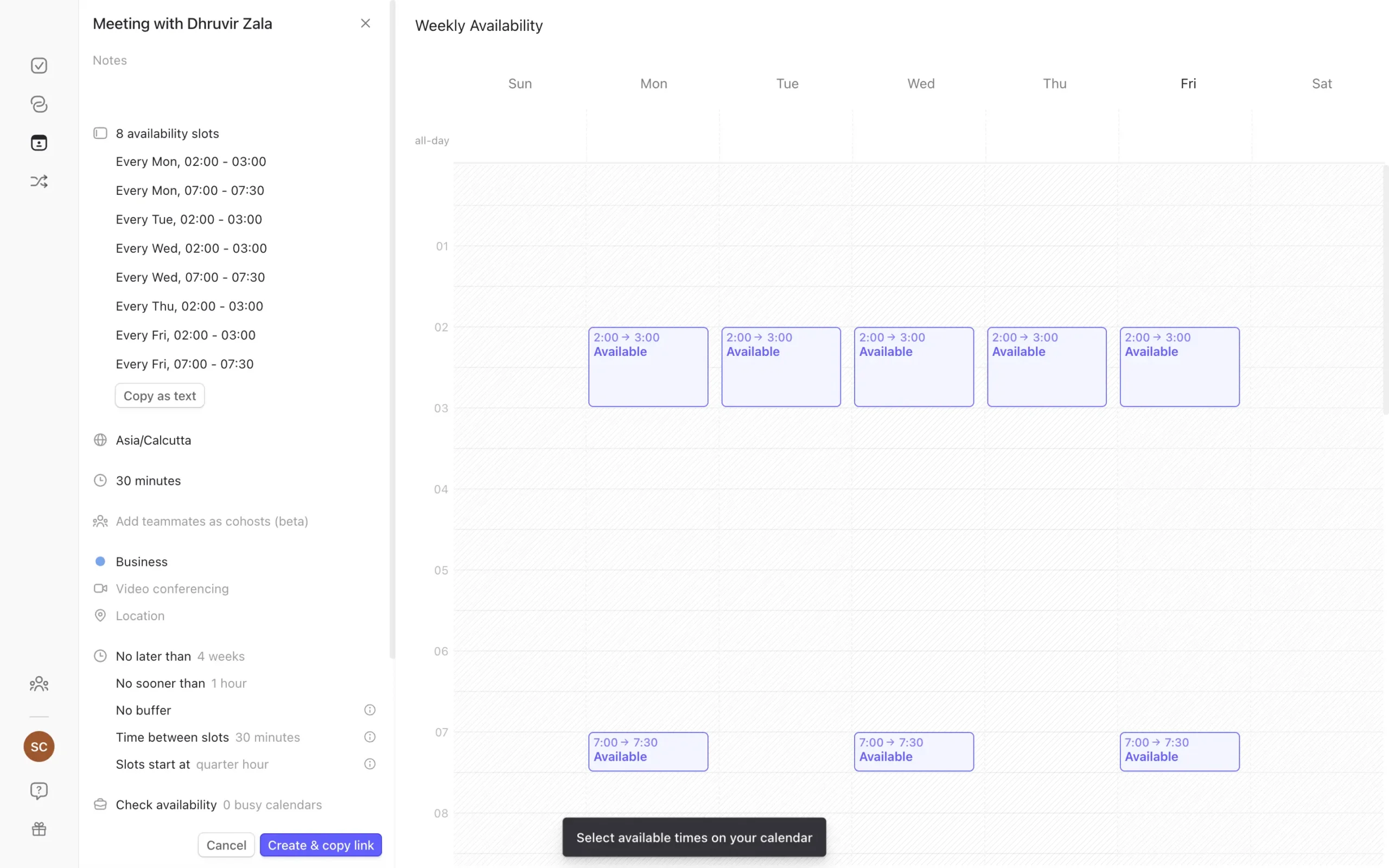 Selecting available time to create a booking page in Morgen