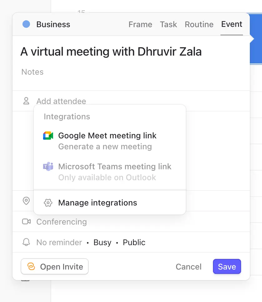 Selecting the meeting software while creae a new meeting event in Morgen