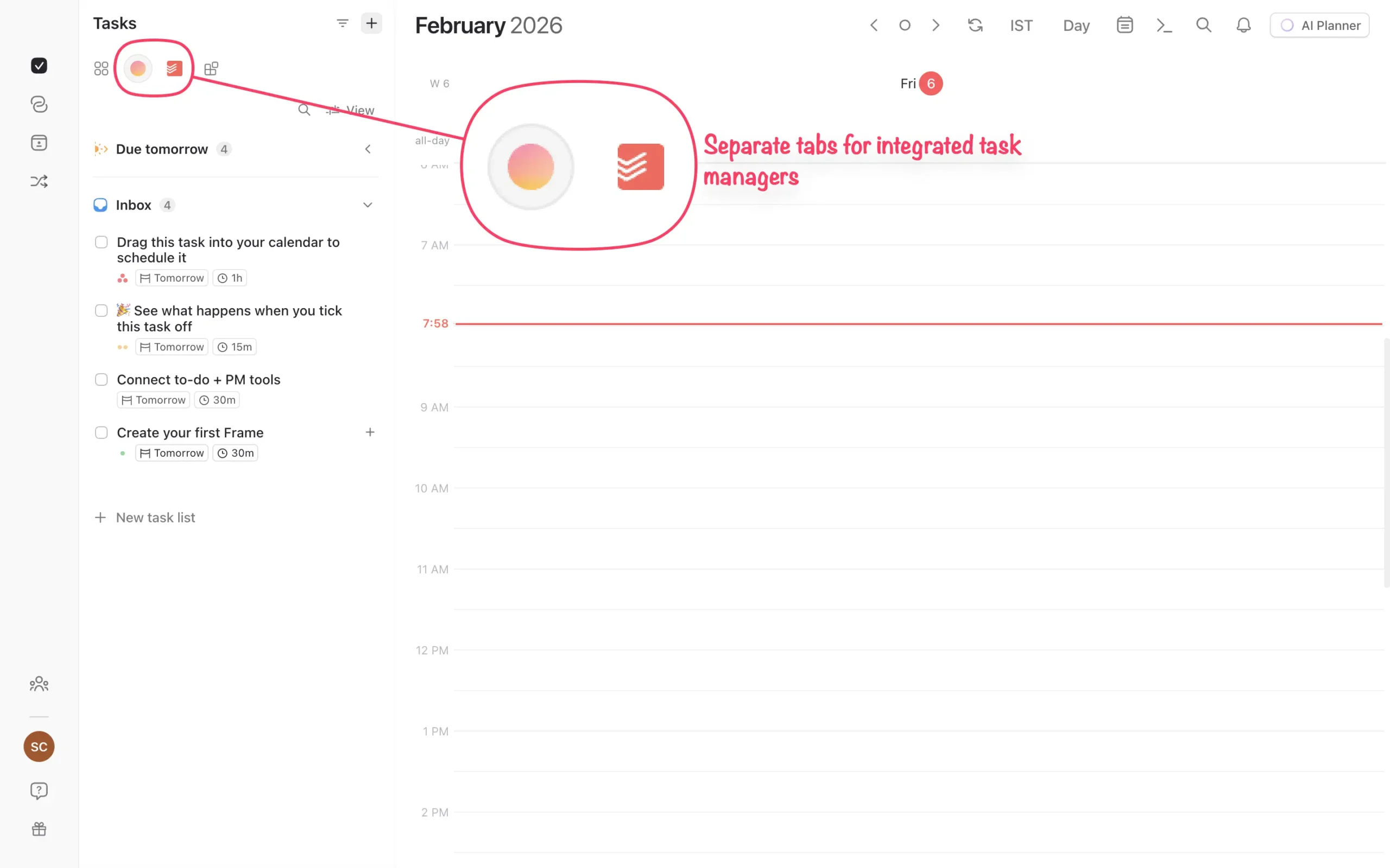 Separate tabs for integrated task management apps in Morgen