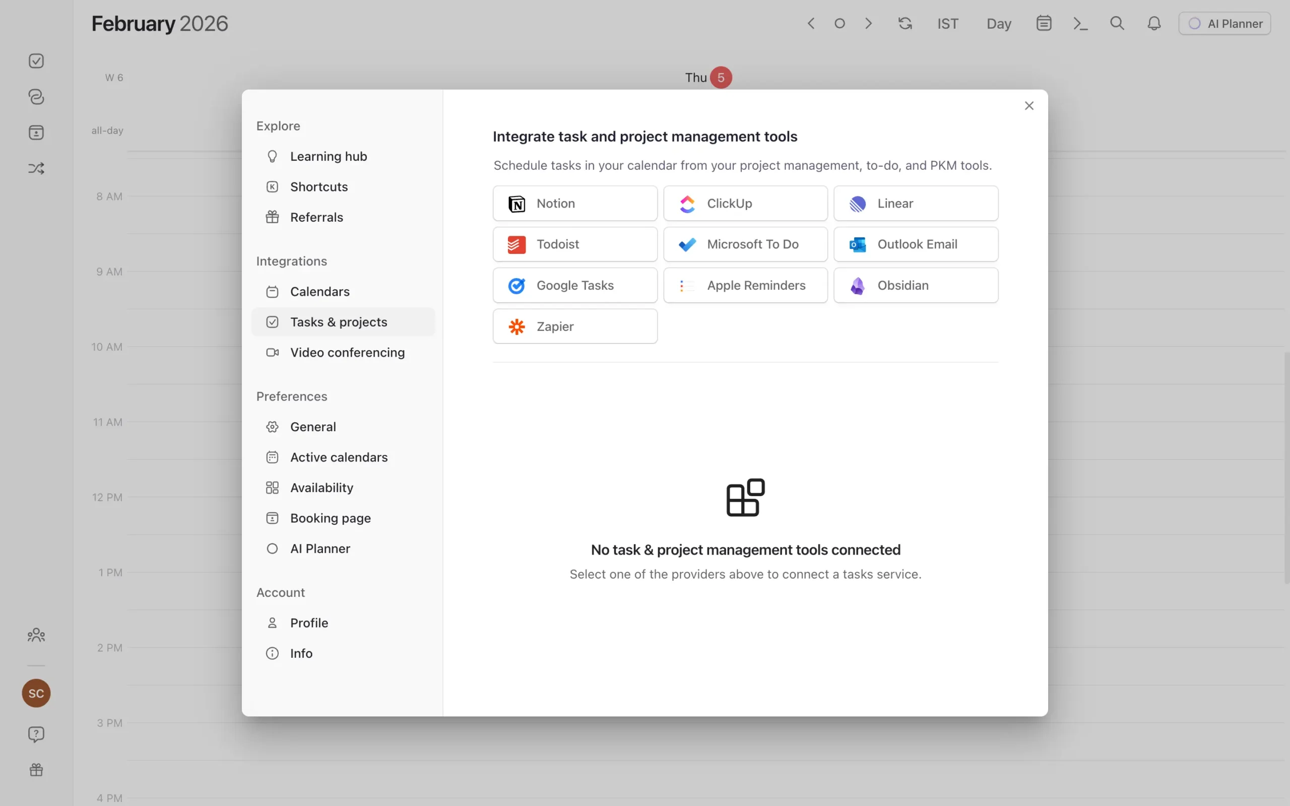Task and project management integration options in Morgen