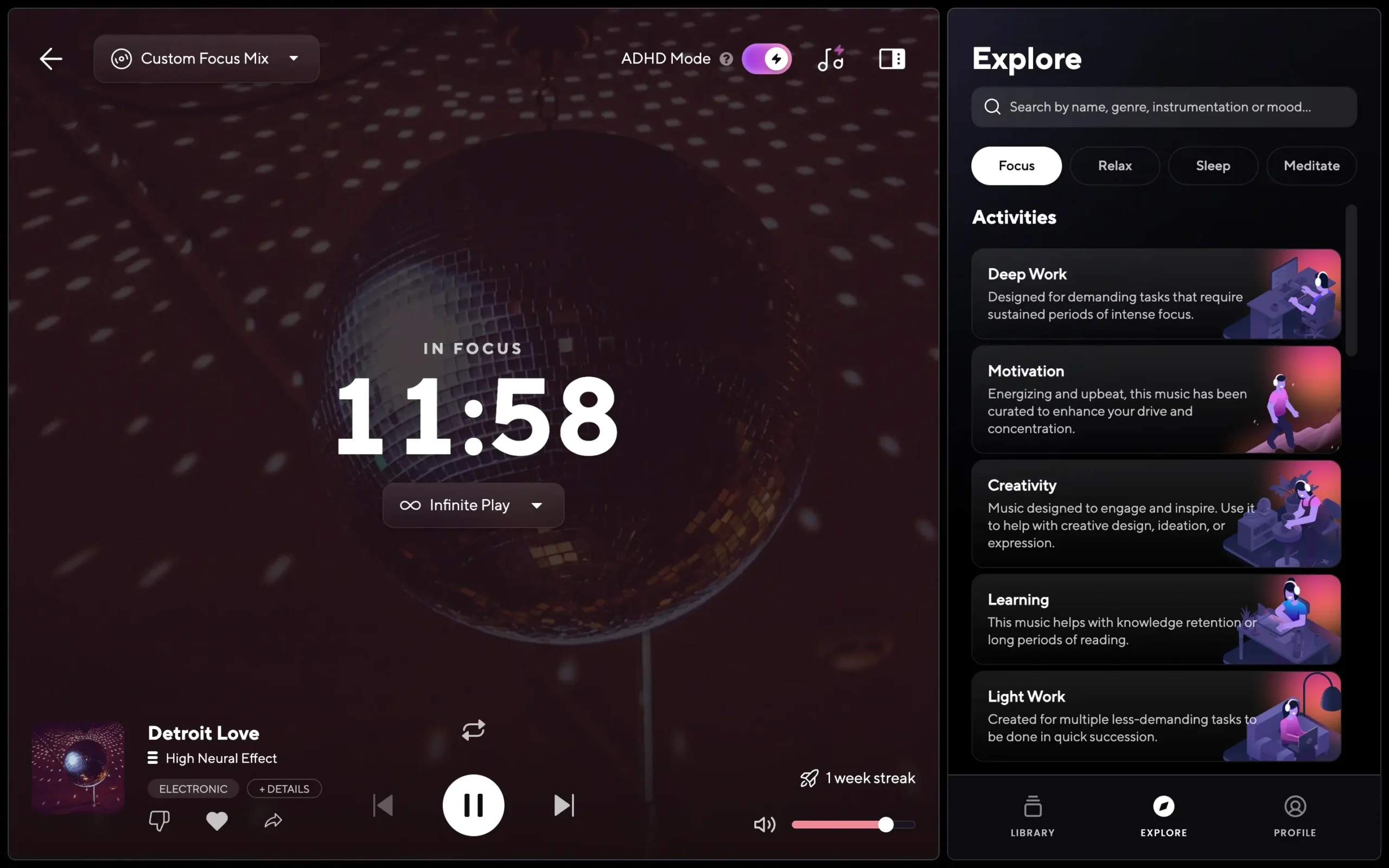 The Search and Explore feature in Brain.fm